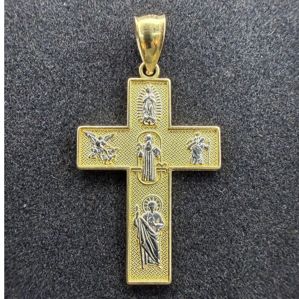 Solid 14k Yellow And White Italian Gold All Saints Cross Pendant